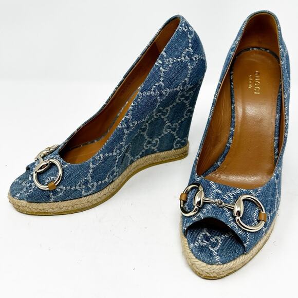Gucci Denim GG Canvas Wedge Espadrille EU 37.5 - Picture 1 of 12